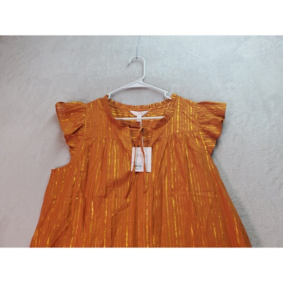LC Lauren‎ Conrad Blouse Top Womens Medium Orange Gold Striped V Neck Drawstring - Picture 4 of 8